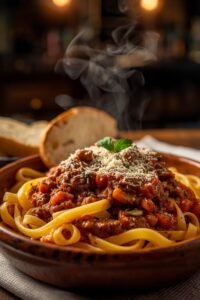 Chicken bolognese pasta meal with veggies