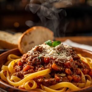 Chicken bolognese pasta meal with veggies